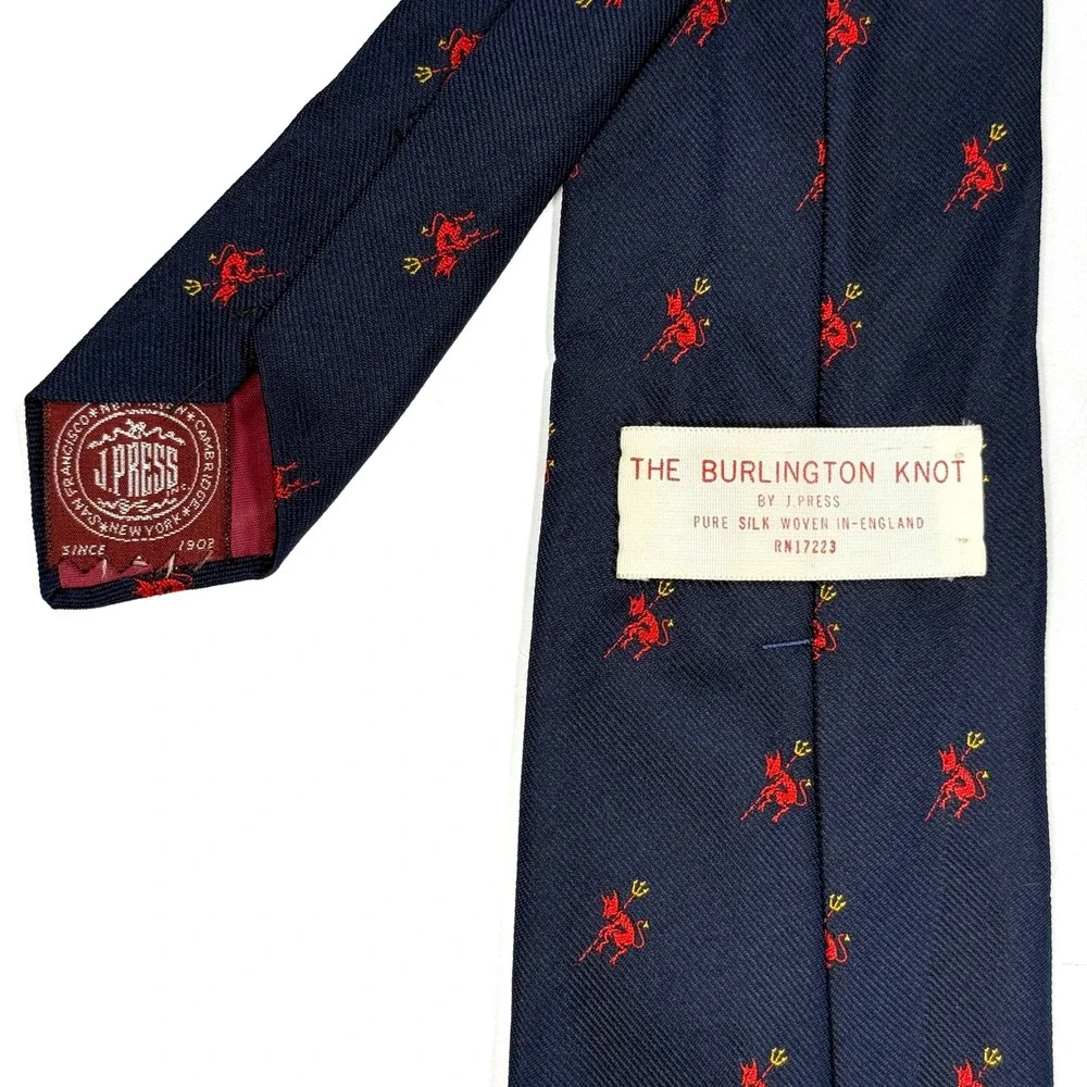 Vintage J Press Burlington Knot Navy Blue Silk Red Devil Embroidered Tie England